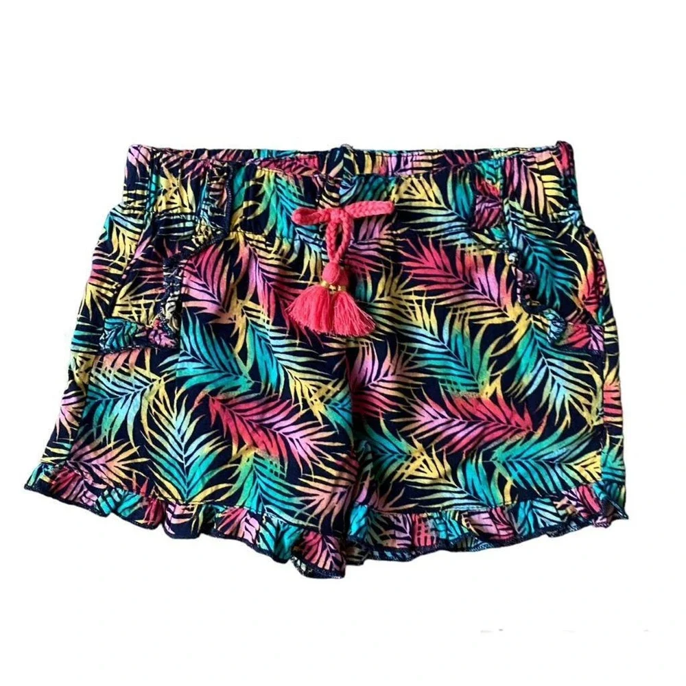 Girls Medium 7-8 Bright Rainbow Palm Leaves Ruffle Stretch Summer Shorts Fun